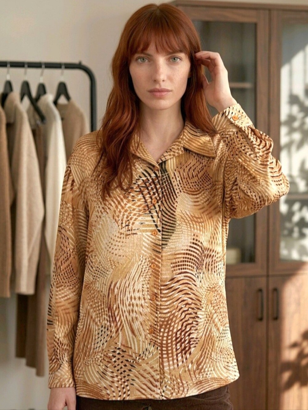 🐅🍄🟫 CLAUDIA RICHARD 90s Vintage Earth Tone Goblincore Retro OP-ART Top L